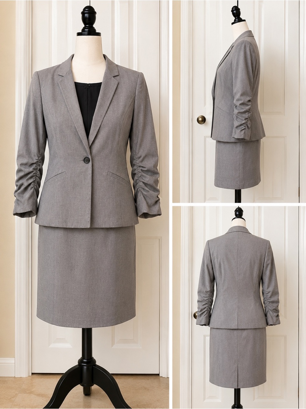 ANTONIO MELANI Heather Gray Ruched-Sleeve Skirt Suit